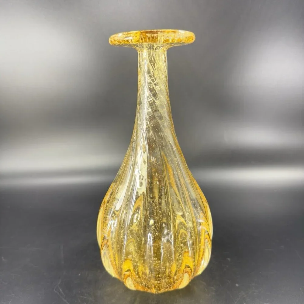 Art Glass Vase Yellow With Twisted Top Small Air Bubbles All Over Glass Vase VTG